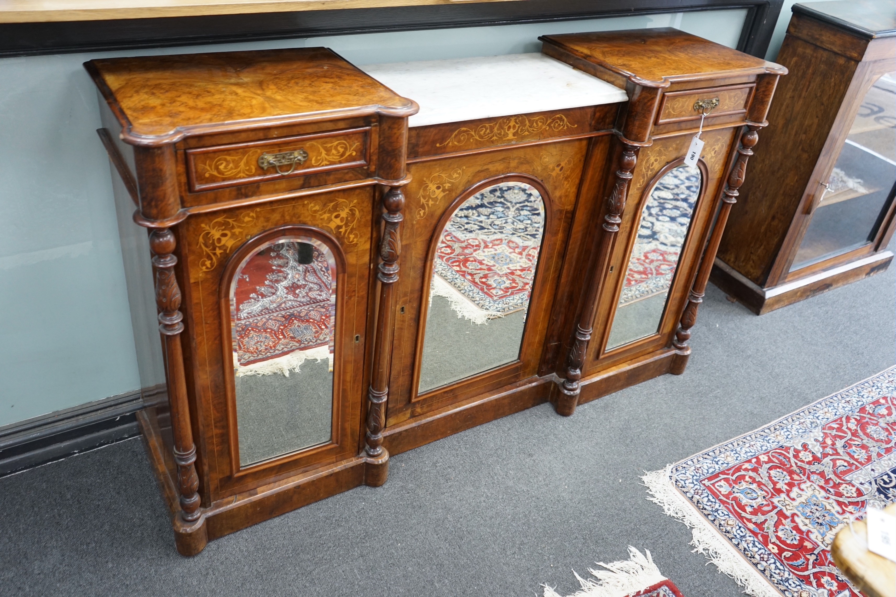 A Victorian inlaid walnut chiffonier with part white marble top, length 154cm, depth 40cm, height 94cm